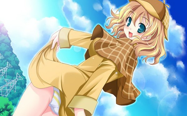 Anime picture 1024x640 with doinaka channel 5 erena hadoson short hair open mouth light erotic blonde hair wide image green eyes game cg girl underwear panties