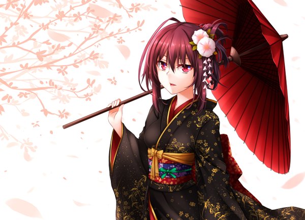 Anime picture 1385x1000 with original helther single long hair open mouth red eyes purple hair traditional clothes japanese clothes hair flower girl hair ornament flower (flowers) petals kimono umbrella obi oriental umbrella kanzashi