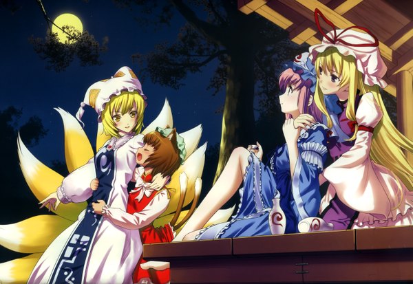 Anime picture 2786x1920 with touhou yakumo yukari saigyouji yuyuko yakumo ran chen highres multiple girls tail night group girl hat moon 4 girls