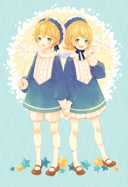 Anime picture 700x1020 with vocaloid kagamine rin kagamine len gemini (kokoma) tall image blush short hair open mouth blue eyes blonde hair looking away holding hands twins brother and sister girl boy hair ornament hat socks shorts