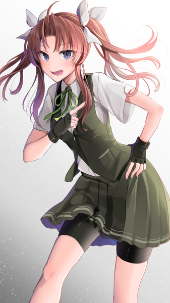 Anime picture 700x1245 with kantai collection kagerou destroyer yuna (yukiyuna) single long hair tall image open mouth simple background brown hair purple eyes twintails payot ahoge :d pleated skirt hand on hip gradient background remodel (kantai collection) girl skirt