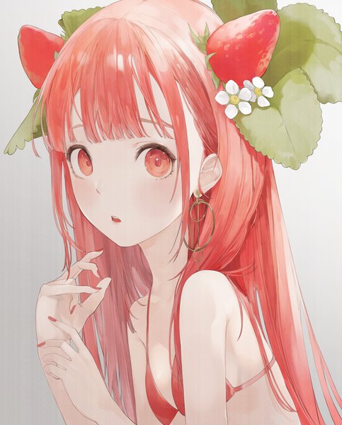 Anime picture 2216x2755 with original mile (mil2) single long hair tall image looking at viewer blush fringe highres breasts open mouth light erotic simple background red eyes red hair blunt bangs nail polish fingernails grey background hair over shoulder
