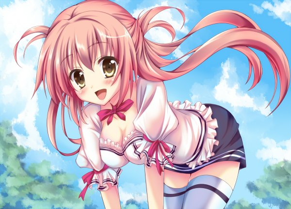 Anime picture 1200x862 with original suzaku (artist) single long hair blush open mouth yellow eyes pink hair cloud (clouds) girl thighhighs skirt miniskirt white thighhighs