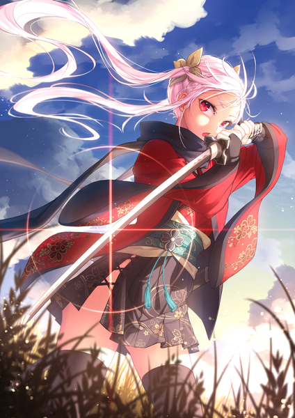 Anime picture 3200x4525 with original anjaku112 single long hair tall image looking at viewer fringe highres open mouth red eyes standing twintails holding pink hair absurdres sky cloud (clouds) outdoors traditional clothes japanese clothes
