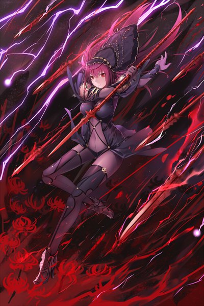 イラスト 1000x1500 と Fateシリーズ fate/grand order scathach (fate) (all) スカサハ(fate) cloudy.r ソロ 長髪 長身像 カメラ目線 前髪 light erotic hair between eyes 赤い目 purple hair 全身 bent knee (knees) high heels outstretched arm lightning electricity