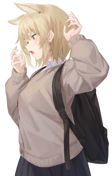 Anime picture 1912x3000 with original hachinatsu single tall image highres short hair simple background blonde hair white background animal ears looking away upper body profile arms up extra ears yawn girl cardigan backpack