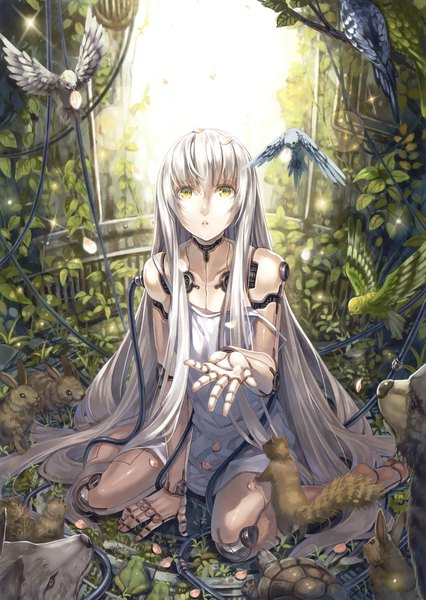 Anime-Bild 2342x3300 mit original eshi 100-nin ten hagure keg single tall image looking at viewer highres sitting yellow eyes silver hair very long hair from above scan wariza mechanical arms girl plant (plants) animal petals bird (birds)