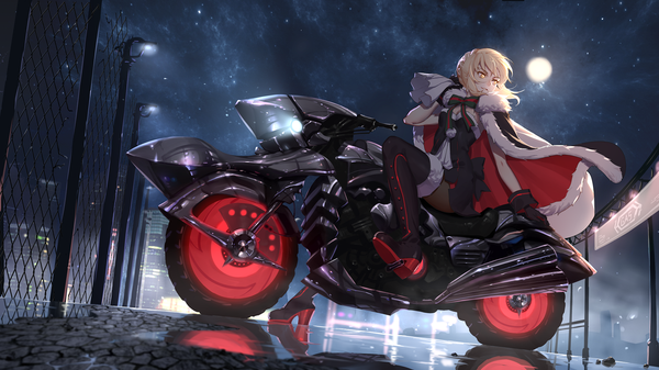 Anime picture 1920x1079 with fate (series) fate/grand order artoria pendragon (all) santa alter mosquito coils single highres short hair open mouth blonde hair wide image sitting yellow eyes looking away sky full body bent knee (knees) parted lips night night sky