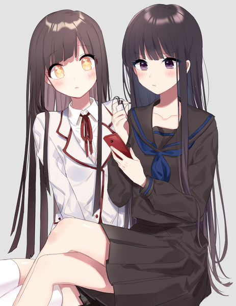 Anime picture 800x1035 with original yuyupo long hair tall image looking at viewer blush fringe black hair simple background brown hair sitting purple eyes multiple girls holding yellow eyes payot head tilt pleated skirt grey background crossed legs