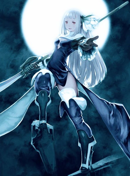 Anime picture 1280x1734 with bravely second magnolia arch yoshida akihiko single long hair tall image looking at viewer fringe red eyes silver hair hair flower night outstretched arm cleavage cutout outstretched hand leg up girl dress gloves hair ornament