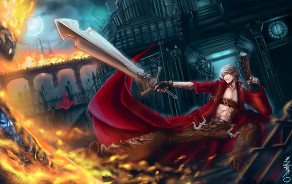 Anime picture 1920x1215 with devil may cry dante (devil may cry) badcompzero single highres short hair blue eyes looking away silver hair cloud (clouds) night night sky battle boy gloves weapon sword fingerless gloves gun building (buildings)