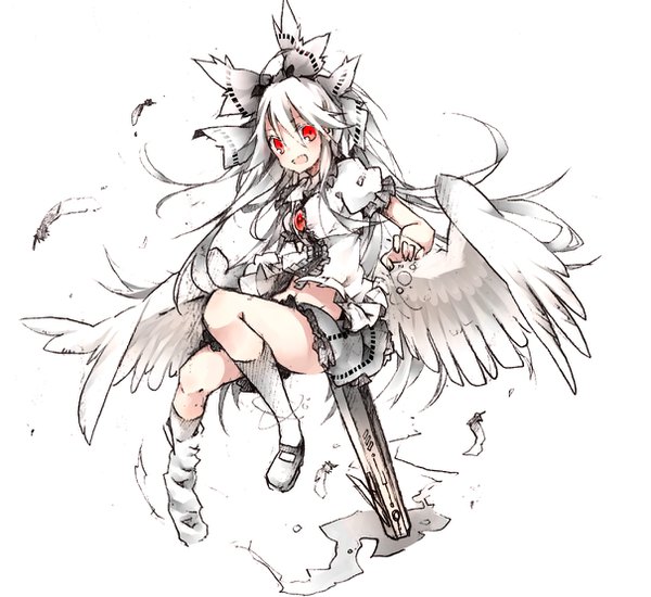 Anime picture 1209x1109 with touhou reiuji utsuho toutenkou single long hair looking at viewer open mouth simple background red eyes white background full body white hair bare belly short sleeves puffy sleeves frilly skirt white wings alternate color albino arm cannon