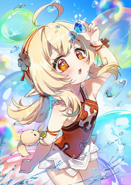 Anime picture 1000x1415 with genshin impact klee (genshin impact) dodoco (genshin impact) cat princess single long hair tall image blush open mouth blonde hair red eyes holding ahoge pointy ears looking up girl swimsuit one-piece swimsuit bubble (bubbles) gem
