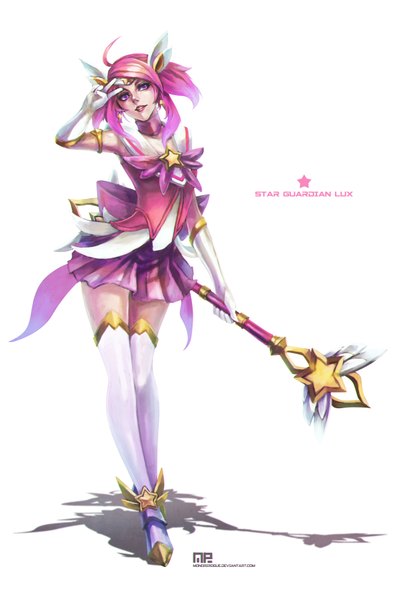 Anime picture 2478x3704 with league of legends lux (league of legends) star guardian lux monori rogue single tall image highres short hair simple background white background purple eyes pink hair shadow girl thighhighs gloves earrings white thighhighs white gloves suit