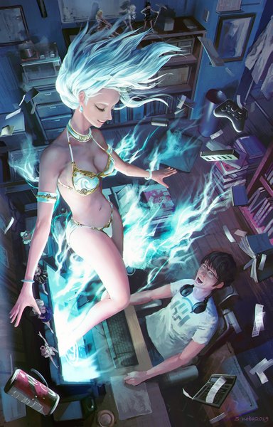 Anime picture 819x1280 with original shinjiro nobayashi long hair tall image short hair breasts open mouth light erotic black hair smile sitting bent knee (knees) white hair indoors eyes closed from above looking up eyebrows fantasy headphones around neck