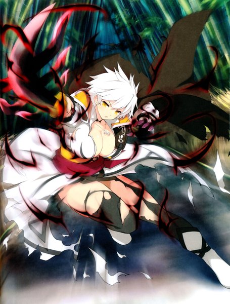 Anime picture 4713x6221 with senran kagura miyabi (senran kagura) yaegashi nan single tall image looking at viewer highres short hair breasts light erotic large breasts yellow eyes absurdres white hair scan official art torn clothes outstretched arm aura bamboo forest