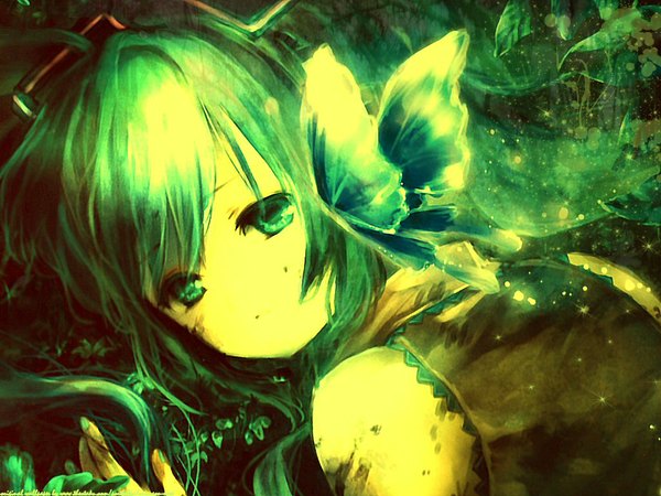 Anime picture 1024x768 with vocaloid hatsune miku onineko single looking at viewer bare shoulders nail polish aqua eyes aqua hair wallpaper girl plant (plants) leaf (leaves) insect butterfly