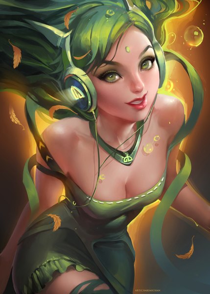 Anime picture 1429x2000 with original sakimichan long hair tall image looking at viewer breasts light erotic smile bare shoulders green eyes green hair lips realistic sleeveless girl dress headphones pendant feather (feathers) bubble (bubbles)