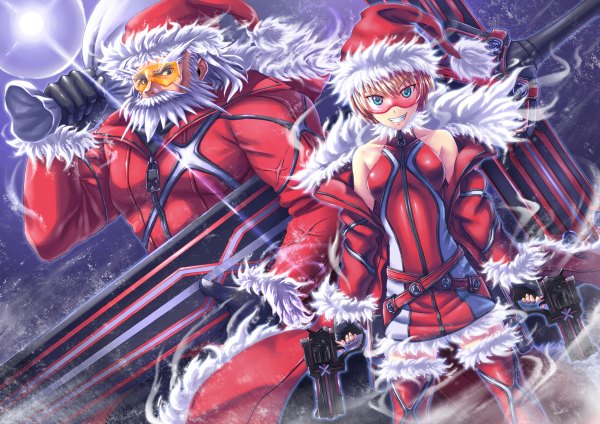Anime picture 1200x848 with santa claus short hair blue eyes smile standing bare shoulders holding white hair aqua eyes wind orange hair open clothes open jacket dutch angle fur trim couple christmas winter girl thighhighs
