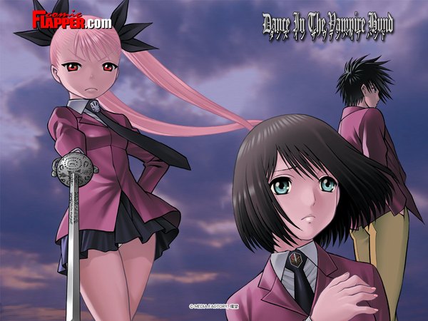 Anime picture 1024x768 with dance in the vampire bund shaft (studio) mina tepes akira kaburagi regendorf saegusa yukika yuki saegusa looking at viewer fringe short hair black hair blonde hair hair between eyes red eyes standing twintails multiple girls holding payot looking away cloud (clouds)