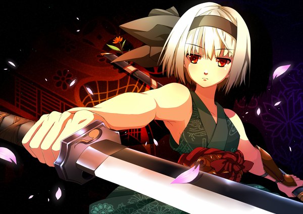 Anime picture 1500x1060 with touhou konpaku youmu shijimi-sama single short hair red eyes bare shoulders white hair girl petals sword belt katana