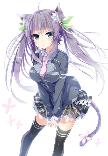 Anime picture 1000x1438 with original yukaribe setsuko kazu kakao single long hair tall image simple background white background twintails green eyes animal ears grey hair cat ears cat girl cat tail girl thighhighs uniform hair ornament black thighhighs