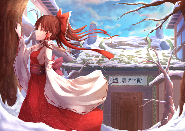 Anime picture 1200x850 with touhou hakurei reimu koroneko single long hair smile red eyes brown hair standing bare shoulders sky cloud (clouds) ponytail long sleeves wide sleeves winter snow bare tree girl bow