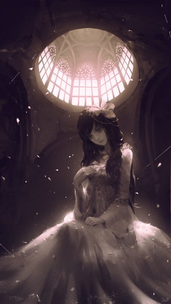 Anime picture 768x1366 with original jn3 single long hair tall image looking at viewer fringe black hair sitting long sleeves wide sleeves girl dress hair ornament bow hair bow petals window white dress