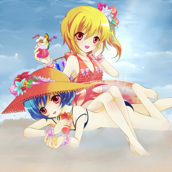 Anime picture 1000x1000 with touhou flandre scarlet remilia scarlet nekosugi (hoshi) blush short hair open mouth light erotic blonde hair red eyes multiple girls blue hair girl flower (flowers) bow 2 girls swimsuit hat wings frills