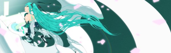 Anime picture 4700x1467 with vocaloid hatsune miku ucca (artist) single long hair highres wide image sitting twintails bare shoulders absurdres very long hair aqua eyes aqua hair back looking up girl detached sleeves
