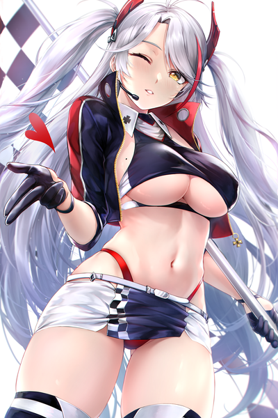 Anime picture 4000x6000 with azur lane prinz eugen (azur lane) prinz eugen (final lap) (azur lane) rei kun single long hair tall image looking at viewer blush fringe highres breasts light erotic simple background hair between eyes large breasts standing holding yellow eyes payot
