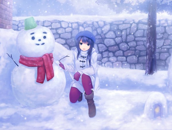 Anime picture 6531x4970 with original coffee-kizoku single long hair looking at viewer highres open mouth blue eyes black hair absurdres scan snowing snow girl boots scarf coat cap snowman brick