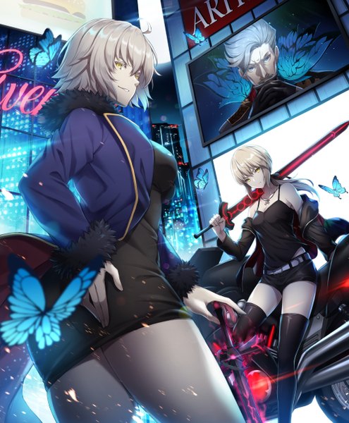 Anime picture 1000x1213 with fate (series) fate/grand order artoria pendragon (all) jeanne d'arc (fate) (all) jeanne d'arc alter (fate) saber alter james moriarty (fate) kiyo (chaoschyan) long hair tall image looking at viewer fringe short hair breasts blue eyes blonde hair hair between eyes large breasts standing bare shoulders