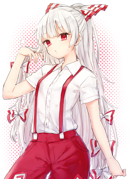 Anime-Bild 716x989 mit touhou fujiwara no mokou honotai single long hair tall image looking at viewer fringe red eyes standing white background payot silver hair ponytail blunt bangs sweat adjusting hair polka dot polka dot background albino