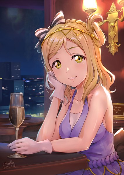 Anime picture 1756x2479 with love live! sunshine!! sunrise (studio) love live! ohara mari shamakho single long hair tall image looking at viewer highres breasts blonde hair smile signed yellow eyes indoors braid (braids) grin sideboob dated
