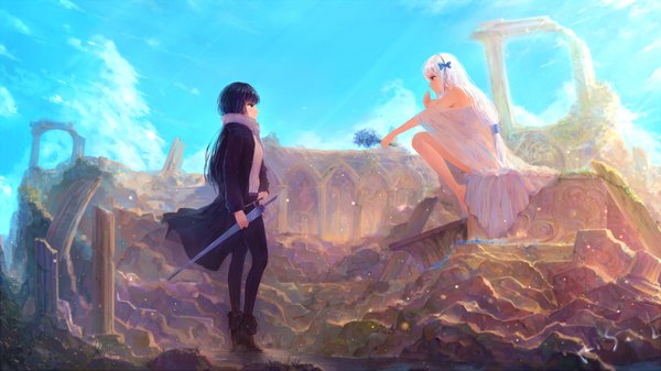 Anime picture 1400x787 with original kisei2 long hair black hair red eyes wide image sitting multiple girls looking away sky cloud (clouds) white hair black eyes destruction girl dress flower (flowers) weapon 2 girls sword