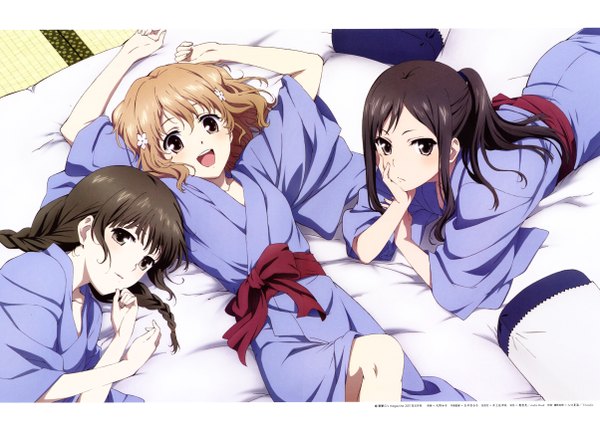 Anime picture 4815x3461 with hanasaku iroha p.a. works matsumae ohana oshimizu nako tsurugi minko amano kazuko (artist) long hair blush highres short hair open mouth black hair blonde hair smile multiple girls brown eyes absurdres tail braid (braids) japanese clothes