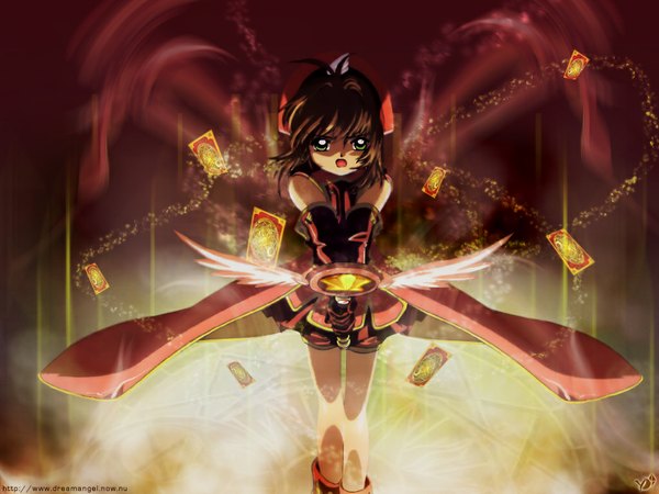 Anime picture 1024x768 with card captor sakura clamp kinomoto sakura looking at viewer short hair open mouth brown hair green eyes wind loli wallpaper magic sand dust screaming girl feather (feathers) card (cards) hoshi no tsue