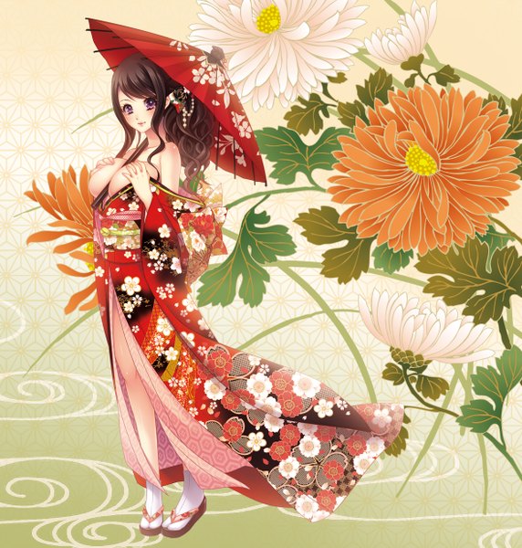 Anime picture 1178x1235 with original momoi komomo single long hair tall image blush breasts light erotic black hair purple eyes japanese clothes girl hair ornament flower (flowers) socks kimono umbrella white socks oriental umbrella