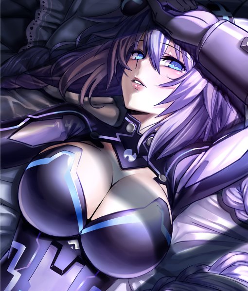 Anime picture 1020x1200 with choujigen game neptune neptune (choujigen game neptune) purple heart nyamota (noraneko koubou) single long hair tall image looking at viewer blush fringe breasts blue eyes light erotic hair between eyes large breasts cleavage purple hair lying braid (braids) parted lips