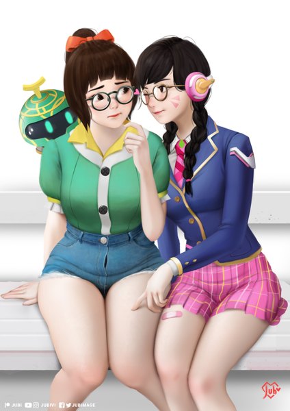 Anime picture 2460x3479 with overwatch blizzard entertainment d.va (overwatch) mei (overwatch) snowball (overwatch) jubi (regiana) long hair tall image fringe highres breasts black hair brown hair sitting multiple girls signed ponytail braid (braids) light smile black eyes