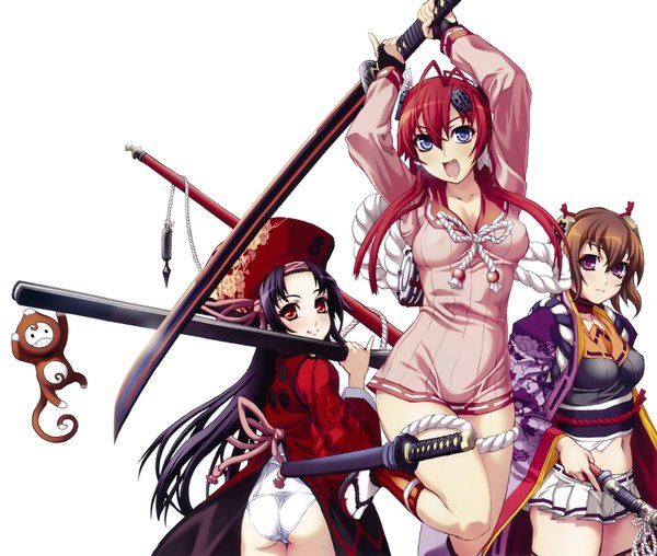 Anime picture 6374x5401 with hyakka ryouran samurai girls arms corporation yagyuu juubei (hyakka ryouran) tokugawa sen sanada yukimura (hyakka ryouran) nishii (nitroplus) long hair blush highres open mouth blue eyes light erotic black hair red eyes brown hair white background purple eyes multiple girls absurdres red hair