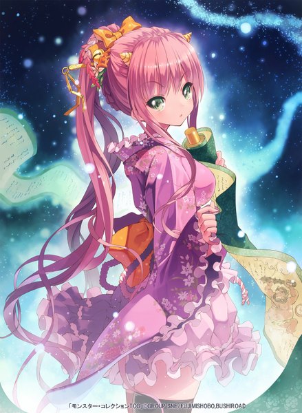 Anime picture 1200x1638 with original kankurou single long hair tall image looking at viewer blue eyes pink hair ponytail traditional clothes japanese clothes horn (horns) girl thighhighs bow black thighhighs hair bow kimono