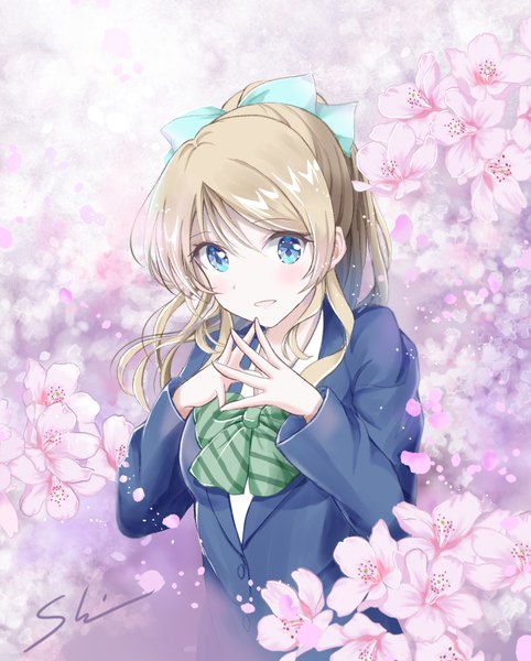 Anime picture 654x814 with love live! school idol project sunrise (studio) love live! ayase eli shino (shinderera) single long hair tall image blush open mouth blue eyes blonde hair signed upper body ponytail :d cherry blossoms fingers together girl uniform