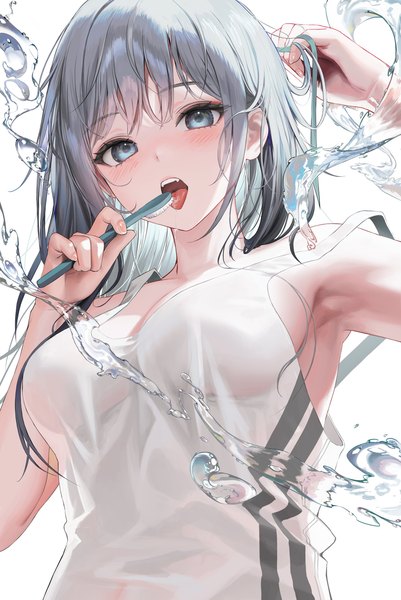 Anime picture 2072x3102 with original tokkihouse single long hair tall image looking at viewer blush fringe highres open mouth blue eyes light erotic simple background white background holding upper body arm up grey hair teeth from below