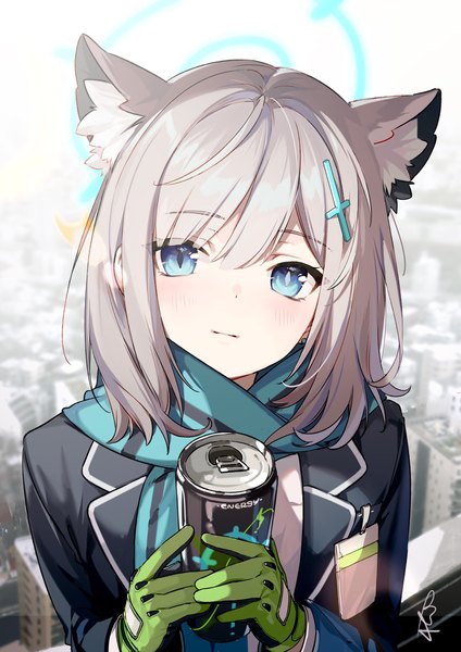 Anime picture 1448x2048 with blue archive shiroko (blue archive) almic single tall image looking at viewer blush fringe short hair blue eyes hair between eyes animal ears upper body grey hair extra ears girl gloves scarf halo can