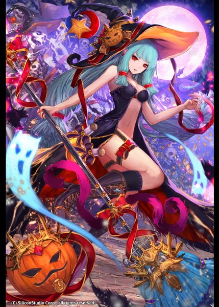 Anime picture 640x894 with jname single long hair tall image looking at viewer light erotic blue hair night halloween ghost witch girl navel ribbon (ribbons) hat boots moon witch hat skull broom