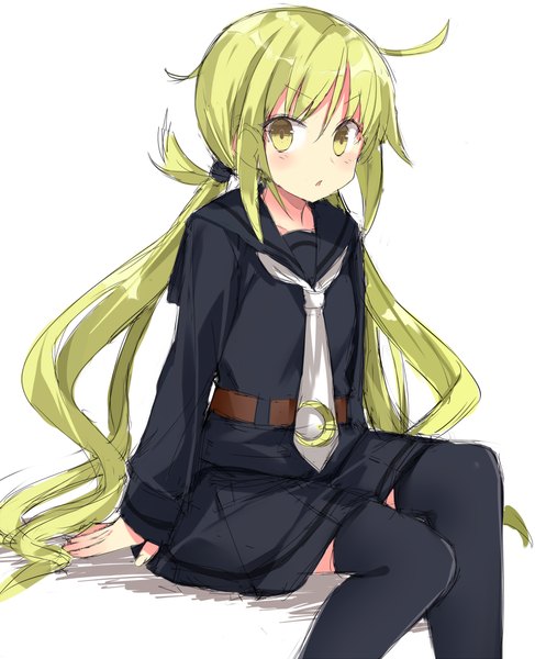 Anime picture 811x1000 with kantai collection satsuki destroyer kuhotaka single long hair tall image looking at viewer blush simple background white background sitting twintails yellow eyes ahoge green hair low twintails girl thighhighs uniform black thighhighs