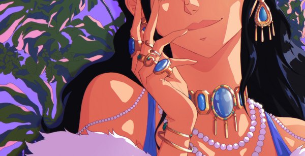 Anime-Bild 4096x2096 mit one piece toei animation nico robin opalisart single long hair highres black hair smile wide image bare shoulders absurdres arm up head out of frame hand on face girl earrings bracelet jewelry ring
