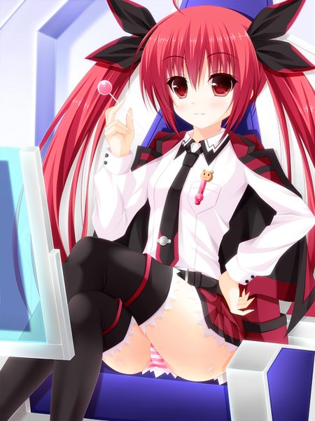 Anime picture 1050x1400 with date a live itsuka kotori yunagi amane single long hair tall image light erotic red eyes sitting twintails red hair light smile hand on hip crossed legs cameltoe pantyshot sitting girl thighhighs skirt underwear